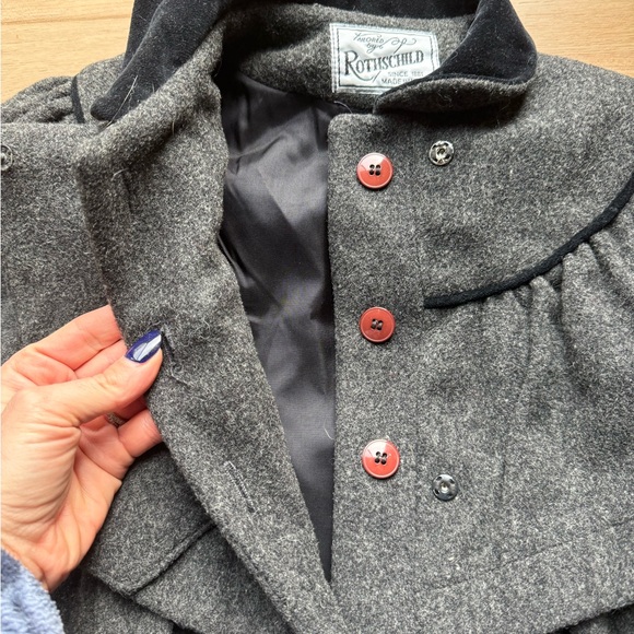 Rothschild | Vintage Gray Girl’s Wool Dress Coat Black Bow Button Up | size 4 - Picture 7 of 12